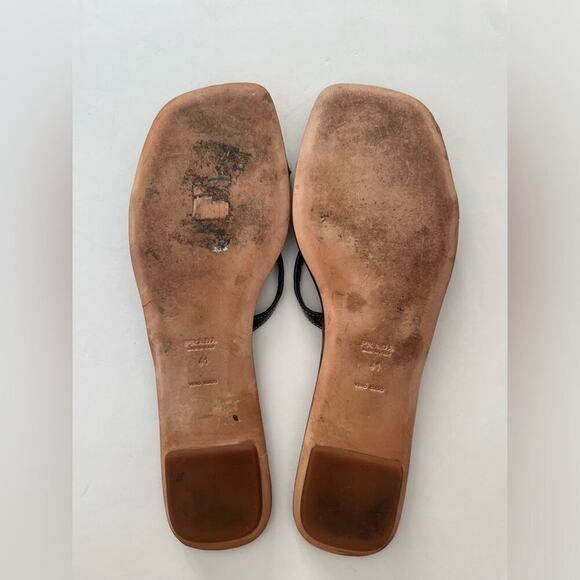 Prada Heeled Sandals Gold Logo Black Leather T Strap Flip Flop Slides EU 41 - Picture 5 of 10